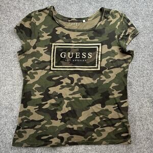 Guess Women's Sterling Gold Sequin Big Box Logo Camo Tee size (XL) Half Sleeve